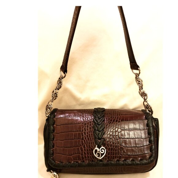 BRIGHTON Handbag/Shoulder Bag Brown Alligator Embossed Leather/Black Trim - Picture 1 of 16